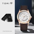 TOMI minimalistische Herrenuhr mit braunem Lederarmband und roségoldenem Datumsblatt - Roségold Gehäuse Dunkelkaffee Armband(T099-6)