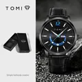 Professional TOMI minimalist black leather strap watch with calendar and moon phase dial - Calendar Moon Phase Style (T020-1) / Gift Box / Black Dial Black Case Black Strap