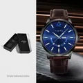 TOMI fashion watch with blue sunray dial and brown leather strap in black gift box - Dual Calendar Style (T020-2) / Gift Box / Blue Dial Black Case Brown Strap