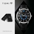 Modern TOMI fashion round watch with a black leather strap and date calendar display - Calendar Moon Phase Style (T020-3) / Gift Box / Black Dial Silver Case Black Strap