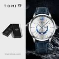 TOMI minimalist fashion watch with blue leather strap and creative moon phase dial - Calendar Moon Phase Style (T020-4) / Gift Box / Silver Dial Silver Case Blue Strap