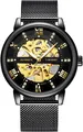 Luxury men's skeleton automatic mechanical watch featuring a sleek black mesh strap. - Picture Style