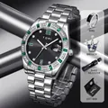 TOMI classic men's business watch set with ring brooch and gift box - Business Steel Band Set (T305-3) / Silver Black Green Gem (T305-3)