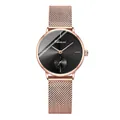 Montre à quartz élégante avec bracelet en maille or rose et cadran noir minimaliste - Style Femme / Boîtier Or Rose Cadran Noir