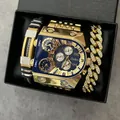 Coffret montre de luxe Oulm dorée avec cadran fuseaux horaires et bracelets strass - Ensemble Bracelet 9315 (Cadran Bleu) / Or