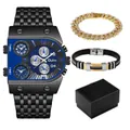 Coffret montre homme Oulm avec montre multi-fuseaux horaires en acier noir et bracelets - Ensemble Bracelet 9315 (Cadran Bleu) / Noir