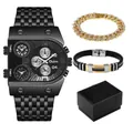 Oulm black multi-timezone quartz watch set with gold iced out bracelets and gift box - 9315 Bracelet Set (Black Dial) / Black