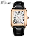 Montre à quartz rectangulaire classique en or rose avec bracelet cuir noir pour homme - Boîtier Or Rose Cadran Blanc Bracelet Noir