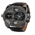 Oulm dual time zone men's quartz watch featuring large black dial and black leather strap - Black With Black Case