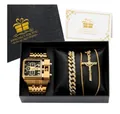 Luxury Oulm gold steel watch set with diamond bracelet and cross pendant necklace - 3364 Necklace Set (Black Dial) / Gold