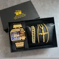 Oulm luxury gold quartz watch jewelry set with iced out bracelet and cross necklace - 3364 Necklace Set / Blue