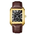 Montre à quartz rectangulaire pour homme avec bracelet en cuir marron et boîtier doré - Boîtier Or Cadran Noir Bracelet Marron