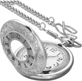 Klassische silberne Taschenuhr mit Quarzwerk, römischen Ziffern und langer Kette - Tropfkleber Zifferblatt Taillenkette / Silber