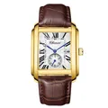 Élégante montre à quartz carrée dorée pour homme avec bracelet en cuir croco marron - Boîtier Or Cadran Blanc Bracelet Marron