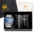 Oulm men's gift set with multi-timezone steel watch, diamond bracelet and cross necklace - 9315 Necklace Set / Silver