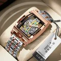 Montre mécanique squelette tonneau de luxe avec bracelet bicolore en acier pour homme - Style Bracelet Acier (B5011) / Bicolore Or Rose (Bracelet en Acier)