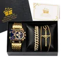 Luxurious men's gold watch set with crystal bracelet and cross necklace in gift box - 9315 Necklace Set / Blue
