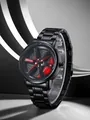 Men's black quartz watch with rotating car wheel hub dial and steel band - Black Case Red Caliper (N929) / Red