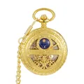 Goldene mechanische Vintage-Taschenuhr mit skelettiertem Design und Sonnen-Mond-Phasen-Motiv - Gold Sternenhimmel-Hohl-Stil (PM347) / Gold