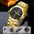 Men's gold watch gift set including ring, brooch, and strap tool in black box - Black Dial Gold Steel Band Set / Gold Black / T303-5