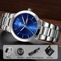 Men's stylish silver steel watch set featuring blue dial, brooch, ring, and premium gift box - Blue Dial Silver Steel Band Set / Silver Blue / T303-4