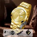 Premium luxury gold men's watch gift set including ring, brooch and band adjuster tool - Gold Dial Gold Steel Band Set / Gold / T303-6
