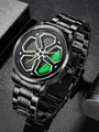 Close-up detail of car wheel rim dial with green brake calipers on black steel watch. - Green