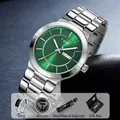Elegant men's watch gift set featuring a green dial, ring, brooch, and adjust tool - Green Dial Silver Steel Band Set / Silver Green / T303-3