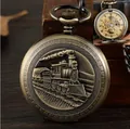 Montre à gousset mécanique squelette vintage avec relief de train à vapeur bronze - Style Mécanique Relief Train (Manuel)