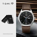 Montre de mode TOMI minimaliste avec bracelet en cuir marron et double calendrier - Style Femme (T031-4) / Boîtier Argent Bracelet Café