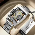 Montre mécanique squelette pour homme avec boîtier tonneau et bracelet argenté - Style Bracelet Acier (B5011) / Acier Argenté (Bracelet en Acier)