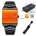Fashion square men's quartz watch set including steel strap, gift box, and battery - With Black Link Remover Set / Orange Dial Black Strap