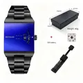 Detailed view of trendy square black steel watch with blue face, box, and tools. - With Black Link Remover Set / Blue Dial Black Strap