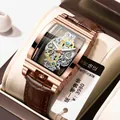 Montre mécanique squelette tonneau en or rose de luxe avec bracelet en cuir marron pour homme - Cuir Brun Or Rose