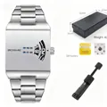 Square men's quartz watch with stainless steel strap, gift box, battery, and tool. - With Black Link Remover Set / Silver Face White Strap