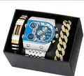 Oulm multi-timezone watch set with blue dial and gold bracelets in gift box - 9315 Bracelet Set (Silver Case) / Blue
