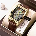 Montre mécanique squelette tonneau pour homme avec boîtier doré et bracelet en cuir brun - Cuir Brun Or