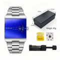 Men's square quartz watch set including gift box, spare battery and strap tool - With Black Link Remover Set / Blue Dial Silver Band