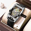 Montre mécanique squelette tonneau de luxe pour homme avec boîtier argenté et bracelet noir - Cuir Noir Argenté