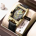 Montre mécanique de luxe tonneau squelette pour homme avec bracelet en cuir noir de qualité - Cuir Noir Or