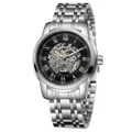 Classic silver steel men's skeleton mechanical watch with black dial and Roman numerals - Silver Black Dial