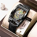 Montre mécanique de luxe squelette tonneau pour homme avec bracelet en cuir noir haut de gamme - Cuir Noir Acier Noir