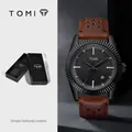 Montre à quartz TOMI pour homme avec lunette cannelée noire et bracelet en cuir brun - Boîtier Noir Bracelet Marron (T098-2)