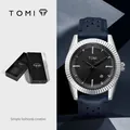 Montre à quartz minimaliste TOMI T098 pour homme avec lunette cannelée, calendrier et cuir bleu - Boîtier Argent Bracelet Bleu (T098-3)