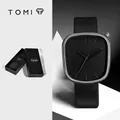 Montre à quartz TOMI minimaliste avec cadran en forme de galet et bracelet en cuir - Boîtier Noir Cadran Noir (Bracelet en Cuir)