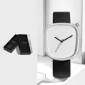 Montre à quartz minimaliste en forme de galet avec cadran blanc et bracelet en cuir noir pour tous - Cadran Blanc Boîtier Blanc (Bracelet en Cuir)