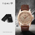 Montre à quartz pour homme TOMI T098 avec lunette cannelée et bracelet en cuir brun - Boîtier Or Rose Bracelet Marron (T098-6)