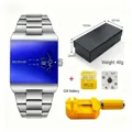 Modern square men's watch with blue dial and steel strap, gift set with tools - With Yellow Link Remover Set / Blue Dial Silver Band