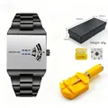 Stylish minimalist square quartz watch for men with black steel band and adjustment tool - With Yellow Link Remover Set / Silver Face Black Strap