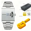 Trendy silver rectangular quartz watch for men with steel band and adjustment tool - With Yellow Link Remover Set / Silver Face White Strap